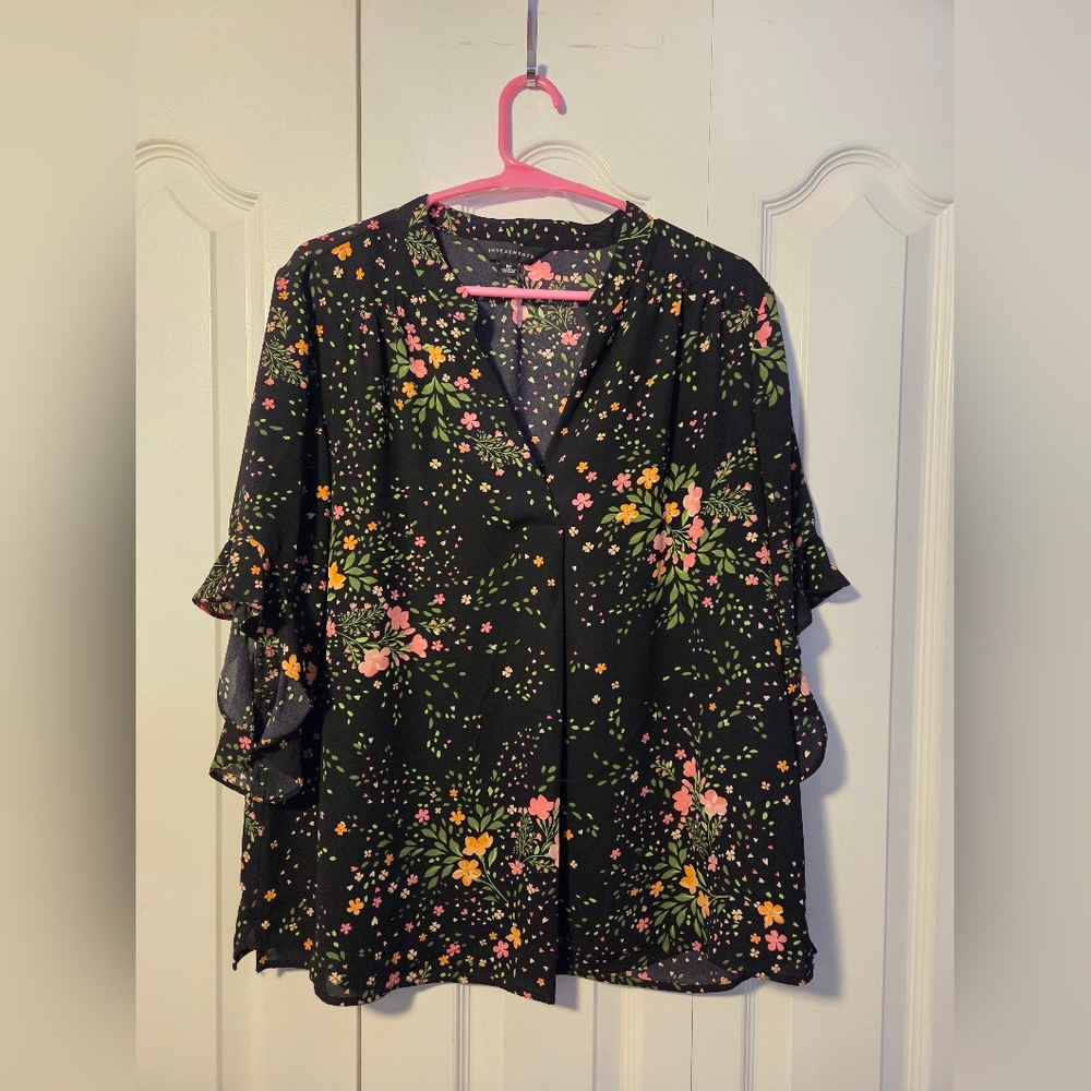 Investments Black Blouse with Floral Design